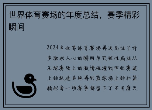 世界体育赛场的年度总结，赛季精彩瞬间